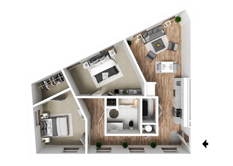 Floor plan for 2 beds, 1 bath, 882 sqft